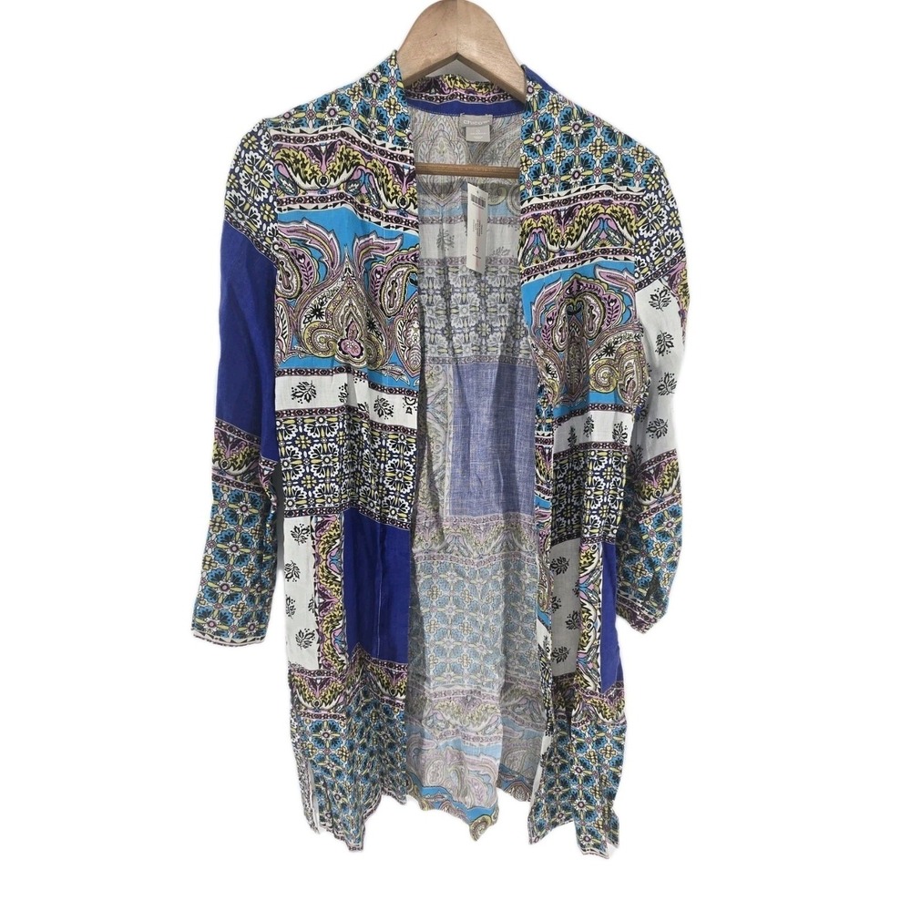 Chico's Linen Jacket Womens 0 Printed S/S Jacket Blue Paisley Patchwork NEW